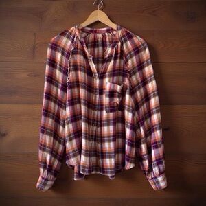 Pilcro x Anthropologie Plaid Gauze Cotton Blouse L | Ruffle Long Sleeve Top